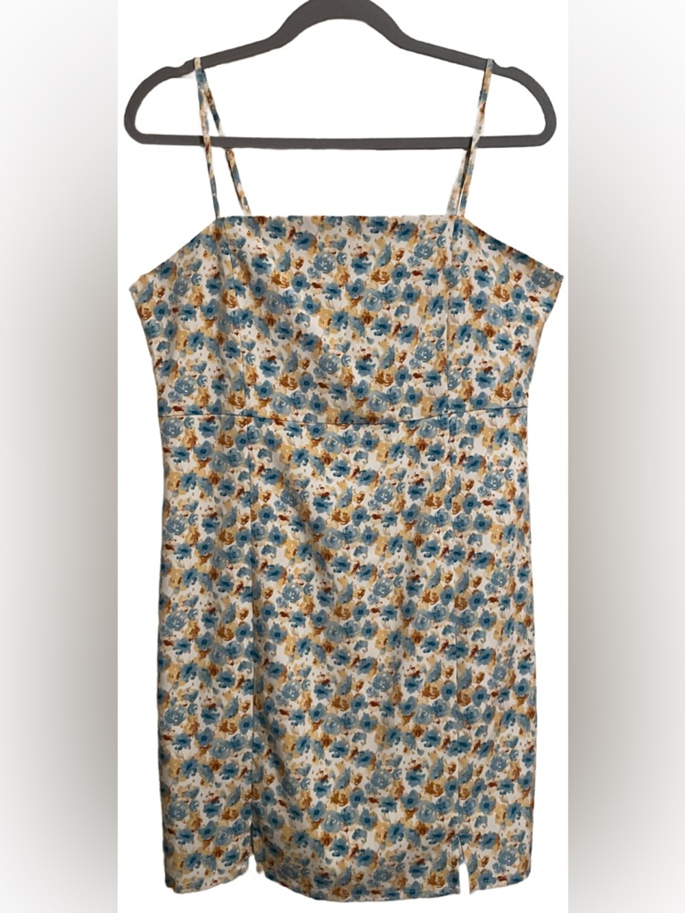Versona brand Floral Spaghetti Strap Sundress in Blue & Mustard